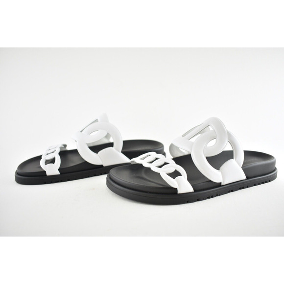 Hermes Extra Sandals White Black Chaine d'Ancre Leather Logo Slide Mule Flat 37 - Picture 9 of 12